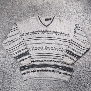 Vintage Bill Blass Sweater Men Medium Gray V Neck Geometric Grandpa 90s Classic
